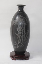 山东龙山黑陶复古陶瓷摆件纯手工陶罐花瓶工艺品、硬刻梅花